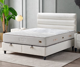 Boxspring postelja Thermo, Komplet z dvižnim dnom, predalom in vzmetnico 200x200 , Barva bež, po naročilu