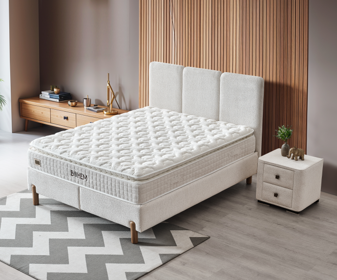 Boxspring postelja Bohem, Komplet z dvižnim dnom, predalom in vzmetnico 180x200 , Barva bež, OMEJENA KOLIČINA !!!