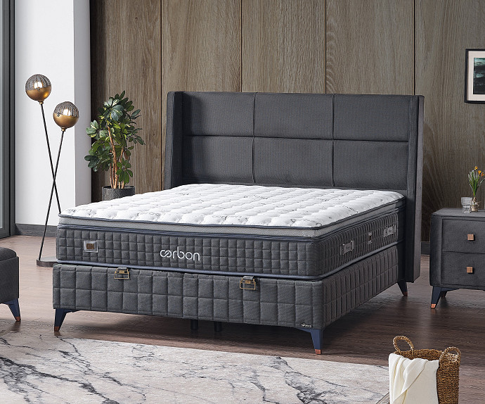 Boxspring postelja Carbon, Komplet z dvižnim dnom, predalom in vzmetnico 160x200 , Barva siva tkanina