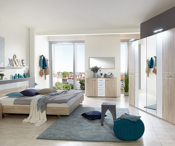 KOMPLET spalnica Cordoba 180x200 z LETVENIM DNOM in VZMETNICO, Barva hrast, bela klasik, po naročilu