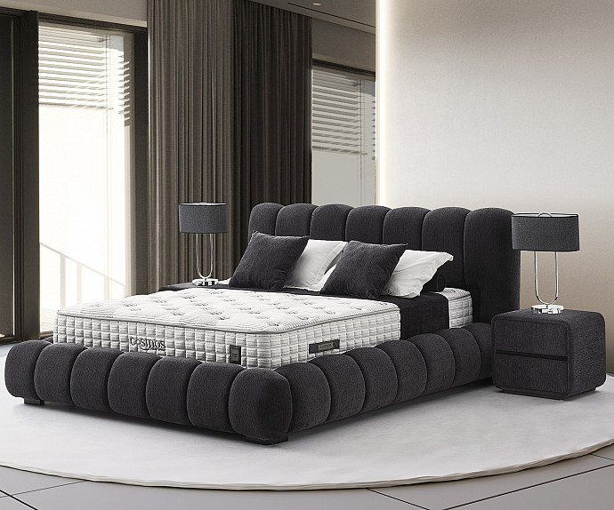 Boxspring postelja Cosmos, Komplet z dvižnim dnom, predalom in vzmetnico 160x200 , Barva Temno siva tkanina, po naročilu