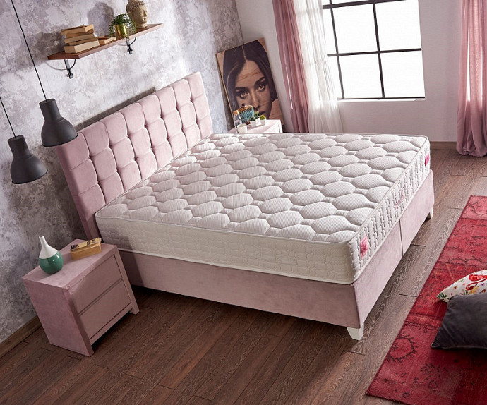 Boxspring postelja Emily, Komplet z dvižnim dnom, predalom in vzmetnico 180x200 , Barva roza