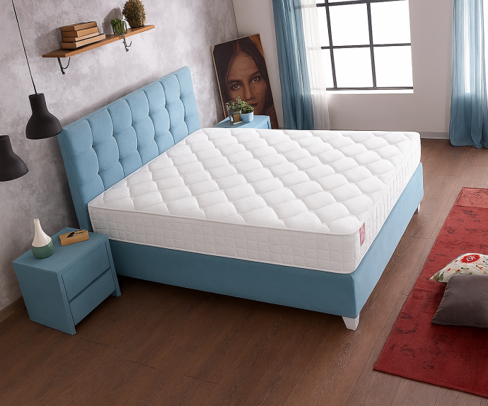 Boxspring postelja Emily, Komplet z dvižnim dnom, predalom in vzmetnico 120x200 , Barva svetlo modra, po naročilu