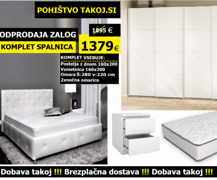 KOMPLET spalnica FIJI 160x200 Z DNOM in VZMETNICO, Omara 277 cm, Barva bela, drsna