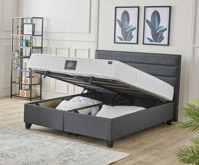Boxspring postelja GIta Komplet z dvižnim dnom, predalom in vzmetnico 180x200 , Barva siva, po naročilu