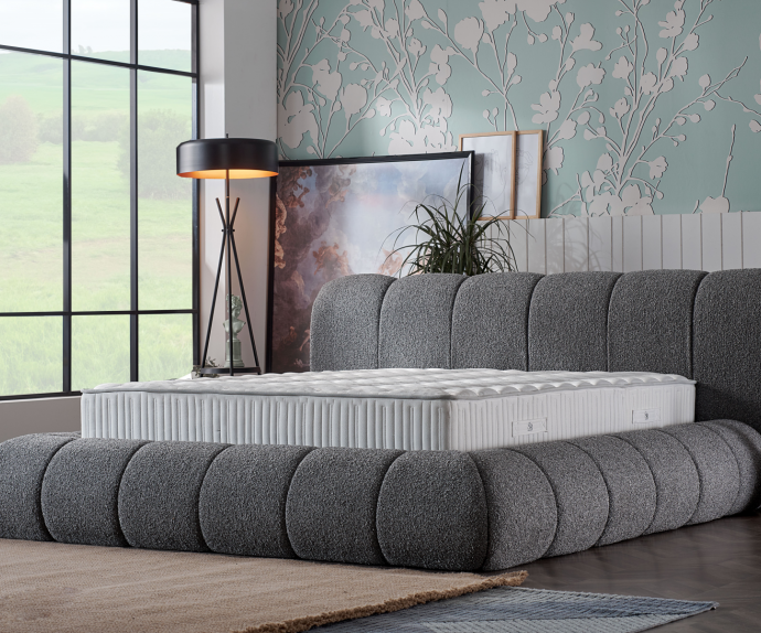 Boxspring postelja Grande Komplet z dvižnim dnom, predalom in vzmetnico 160x200 , Barva siva, po naročilu