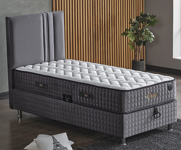Boxspring postelja Libra, Komplet z dvižnim dnom, predalom in vzmetnico 90x200 , Barva siva, mikrotkanina, po naročilu