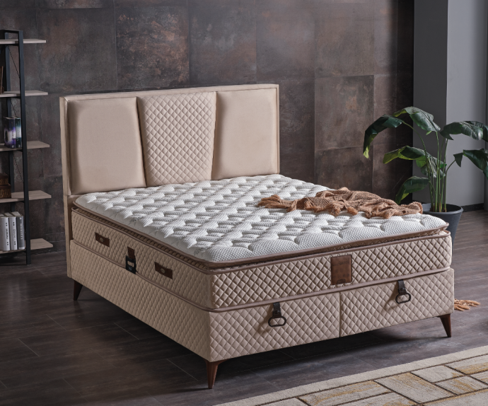 Boxspring Postelja Hamilton, Komplet z dvižnim dnom, predalom in vzmetnico 160x200 , Barva bež, mikrotkanina, po naročilu