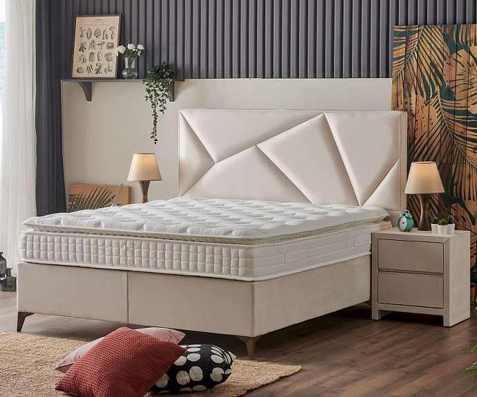 Boxspring postelja Linea, Komplet z dvižnim dnom, predalom in vzmetnico 140x200 , Barva bež, po naročilu