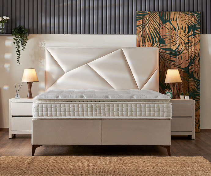 Boxspring postelja Linea, Komplet z dvižnim dnom, predalom in vzmetnico 180x200 , Barva bež