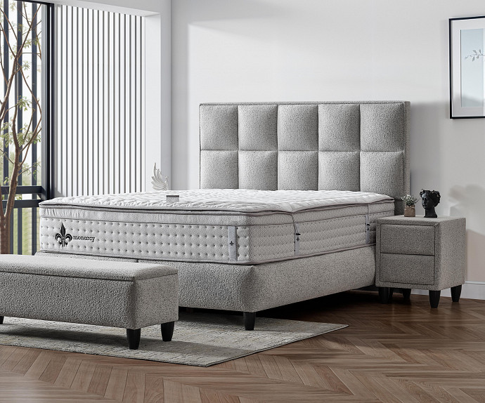Boxspring Postelja Magic, Komplet z dvižnim dnom, predalom in vzmetnico 180x200 , Barva sveto siva tkanina