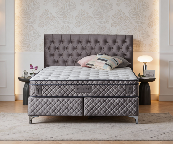 Boxspring postelja Magnifique Deluxe, Komplet z dvižnim dnom, predalom in vzmetnico 160x200 , Barva siva, po naročilu