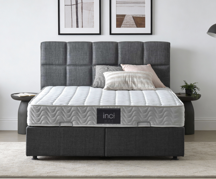 Boxspring postelja Marseille Komplet z dvižnim dnom, predalom in vzmetnico 140x200 , Barva siva, po naročilu