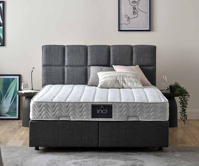 Boxspring postelja Marseille Komplet z dvižnim dnom, predalom in vzmetnico 180x200 , Barva siva, po naročilu