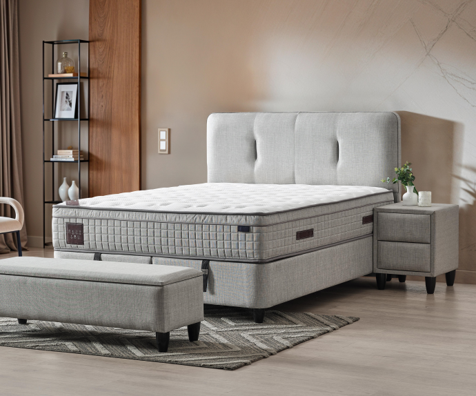 Boxspring Postelja Melbourne, Komplet z dvižnim dnom, predalom in vzmetnico 180x200 , Barva svetlo siva tkanina