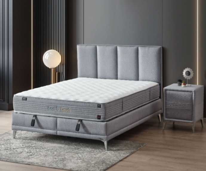 Boxspring postelja Montebello, Komplet z dvižnim dnom, predalom in vzmetnico 160x200 , Barva siva, po naročilu