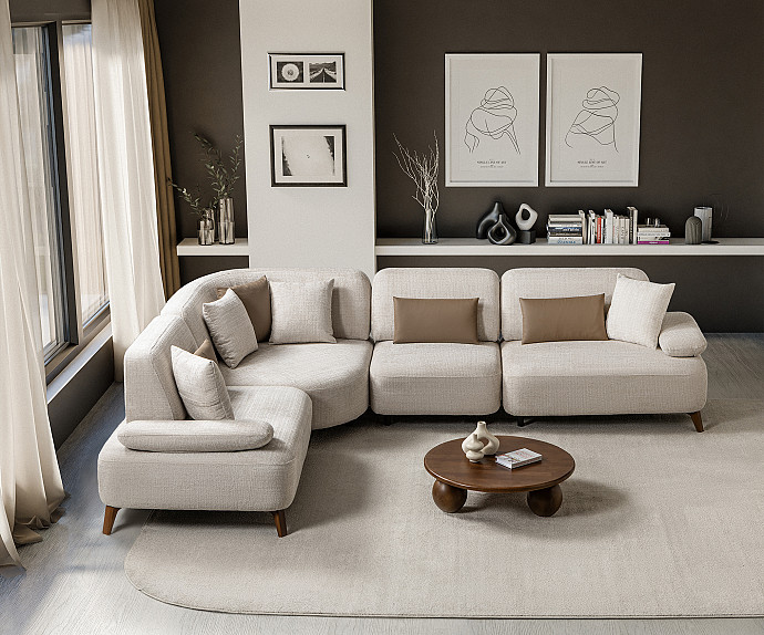 Sedežna garnitura, Moon, Barva bež, leva ali desna postavitev / VZMETENO, po naročilu