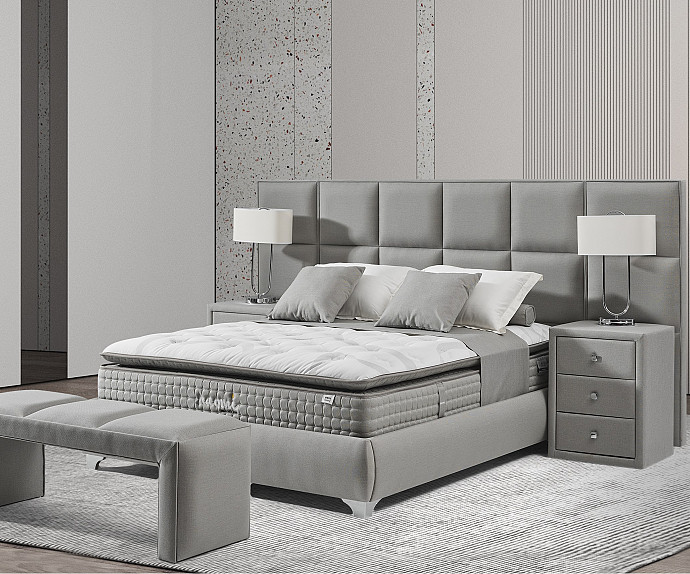 Boxspring postelja Naomi, Komplet z dvižnim dnom, predalom in vzmetnico 200x200 , Barva siva tkanina, po naročilu