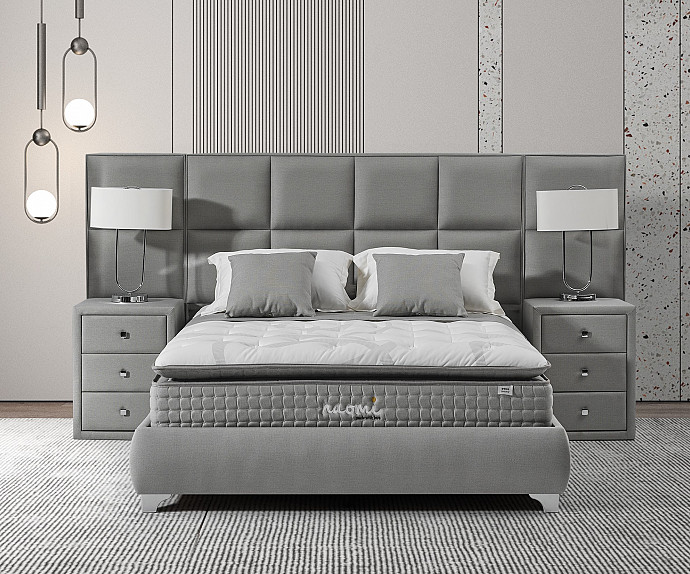 Boxspring postelja Naomi, Komplet z dvižnim dnom, predalom in vzmetnico 200x200 , Barva siva tkanina, po naročilu