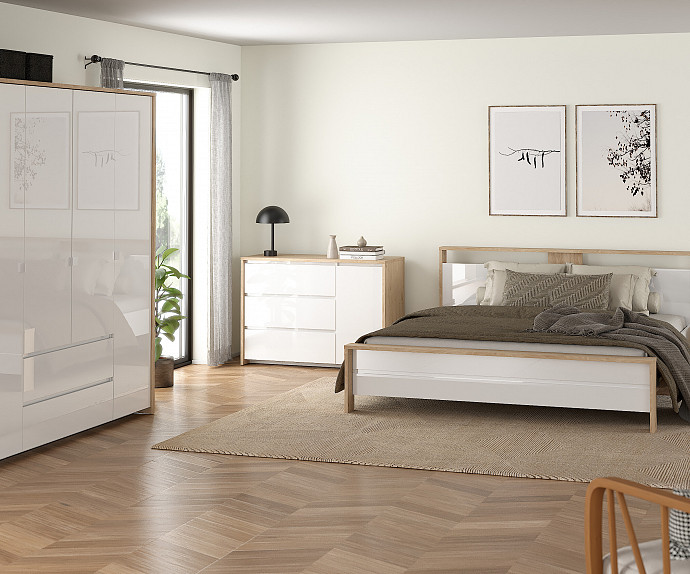 KOMPLET spalnica Next 180x200 z LETVENIM DNOM in VZMETNICO, Barva divji hrast bela visoki sijaj, klasik, po naročilu