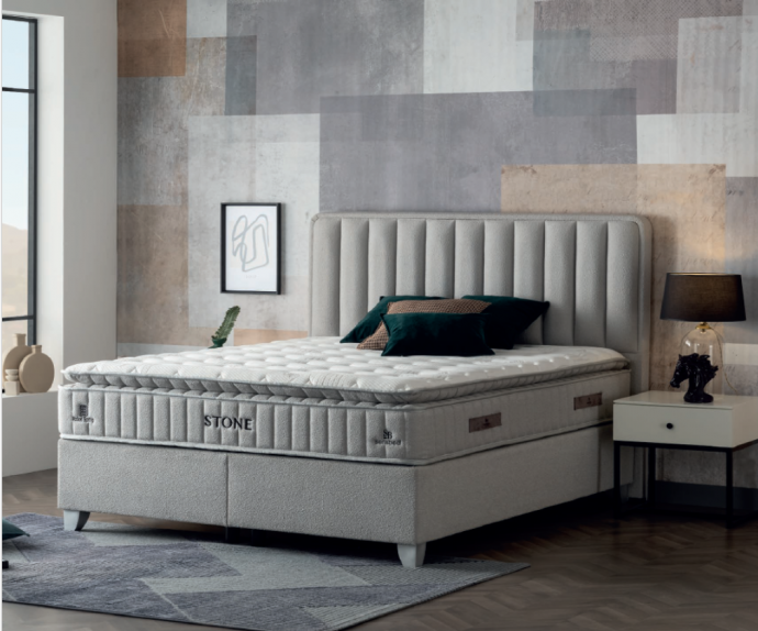 Boxspring postelja Nicca, Komplet z dvižnim dnom, predalom in vzmetnico 200x200 , Barva siva, po naročilu