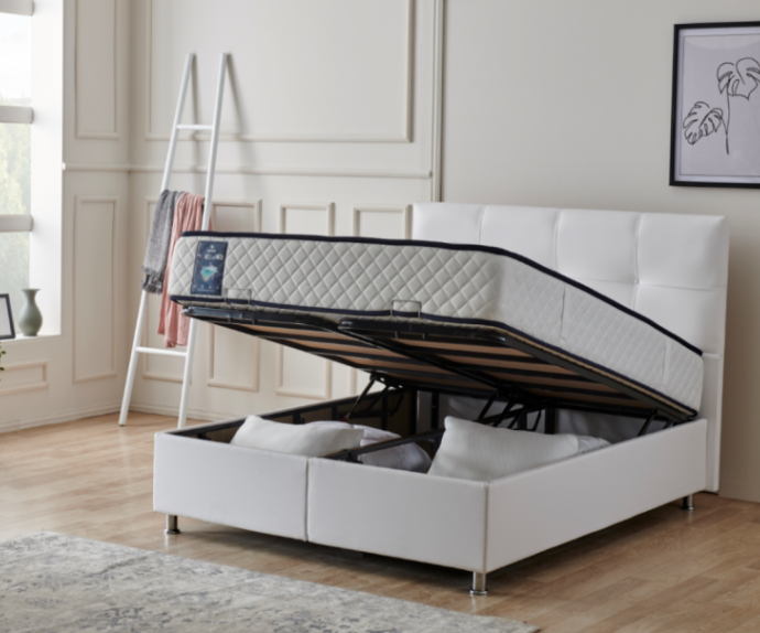 Boxspring postelja Perla, Komplet z dvižnim dnom, predalom in vzmetnico 90x200 , Barva bela