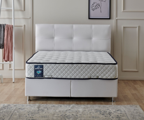 Boxspring postelja Perla, Komplet z dvižnim dnom, predalom in vzmetnico 140x200 , Barva bela