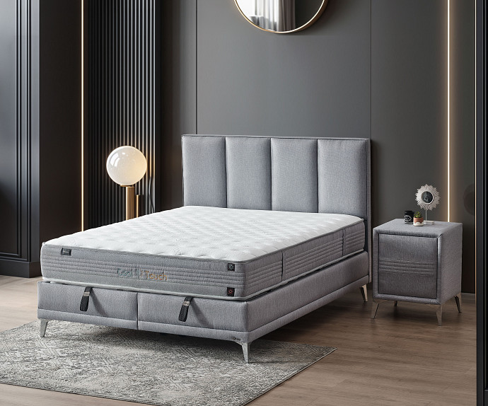 Boxspring postelja Montebello, Komplet z dvižnim dnom, predalom in vzmetnico 180x200 , Barva siva