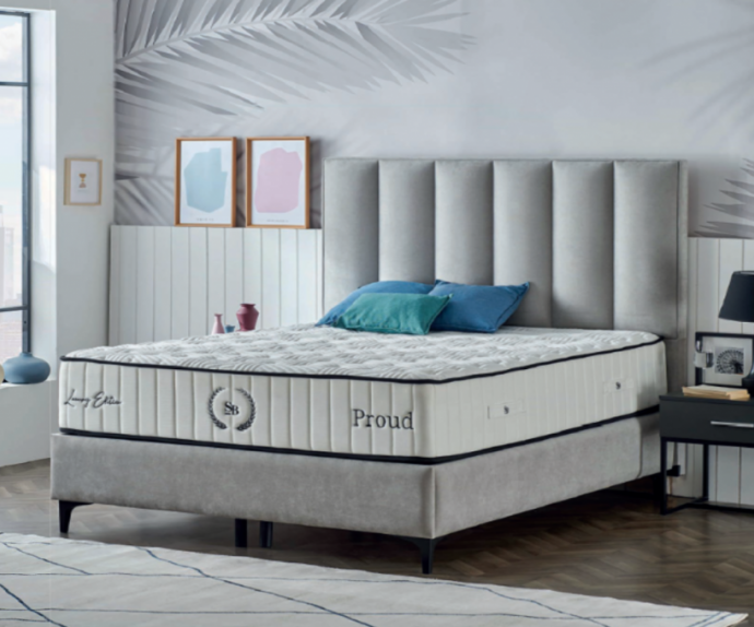 Boxspring postelja Prada, Komplet z dvižnim dnom, predalom in vzmetnico 200x200 , Barva siva, po naročilu