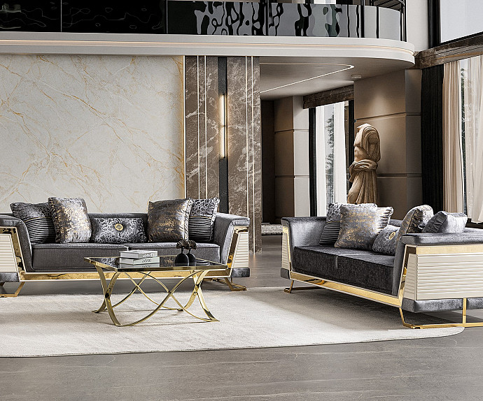 Sedežna garnitura 3+2 Rixos, Barva Siva, zlata / VZMETENO, po naročilu