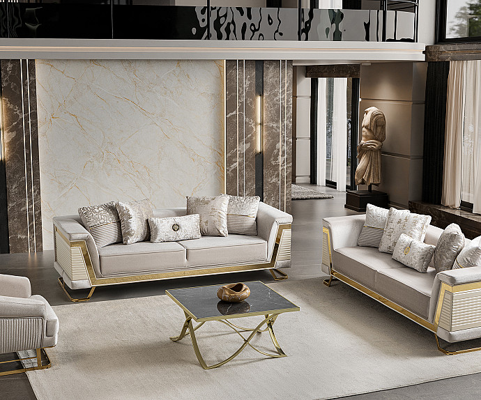 Sedežna garnitura 3+2 Rixos, Barva Bež, zlata / VZMETENO, po naročilu