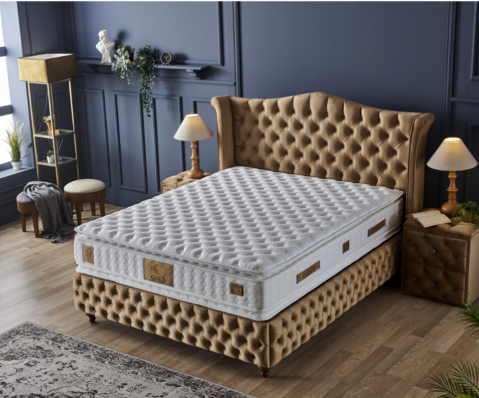 Boxspring postelja Royal, Komplet z dvižnim dnom, predalom in vzmetnico 140x200 , Barva zlata