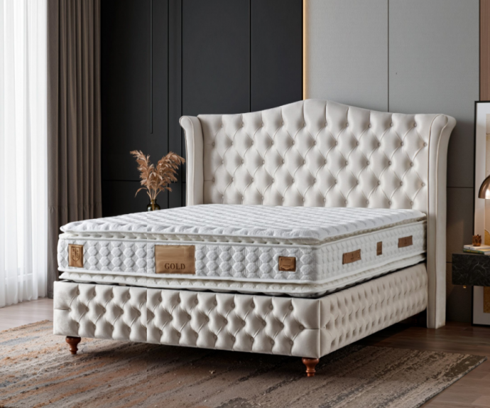 Boxspring postelja Royal, Komplet z dvižnim dnom, predalom in vzmetnico 120x200 , Barva bež, po naročilu