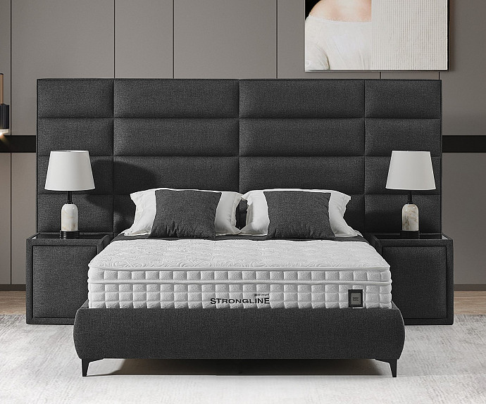 Boxspring KOMPLET Z VZMETNICO in NOČNIMA OMARICAMA Postelja Strongline 180X200 cm Barva siva. po naročilu